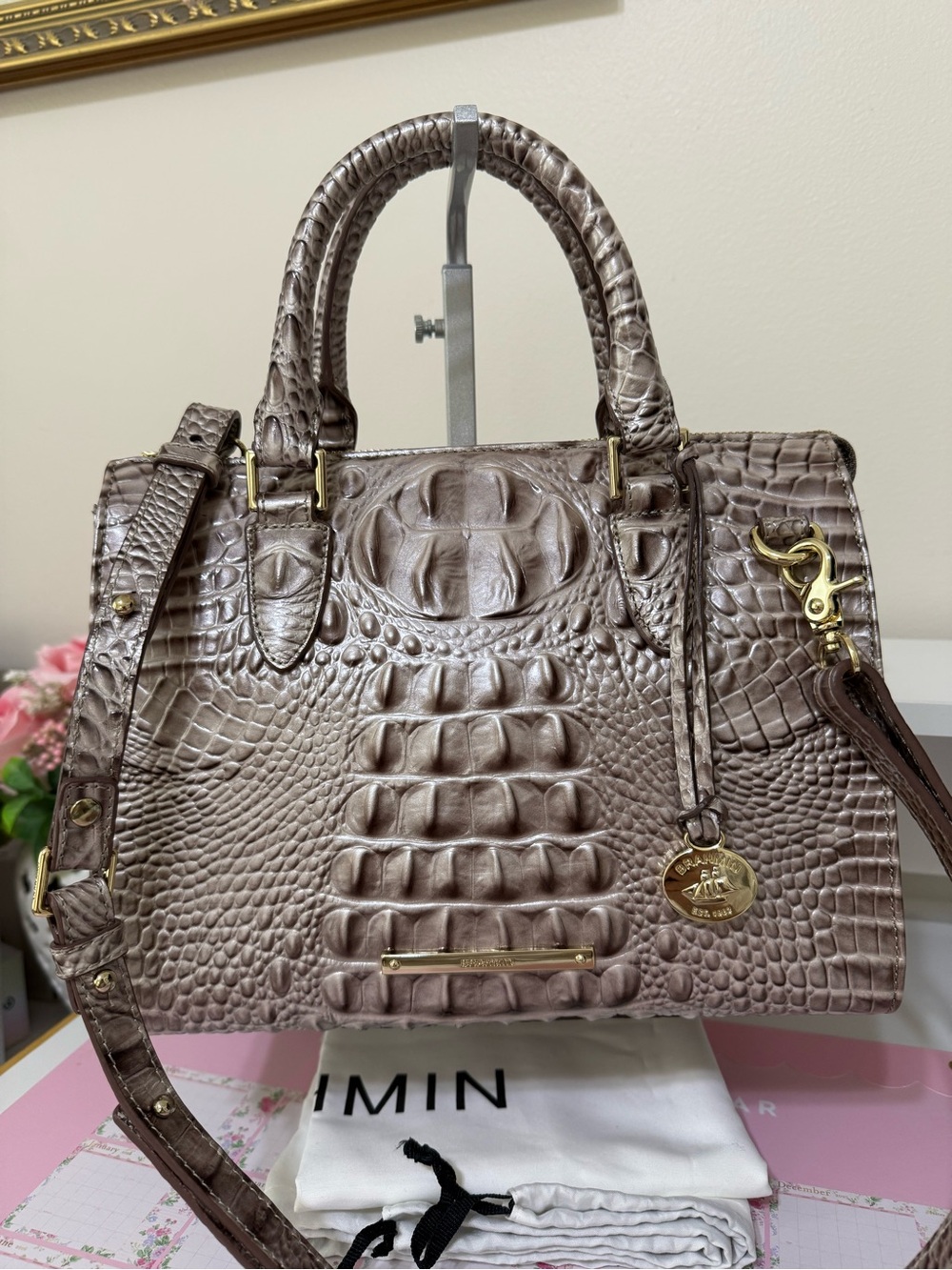 Brahmin Metallic Taupe Croc-Embossed Satchel